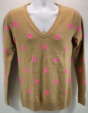 I4) GAP Women's V-Neck Brown Pink Polka Dot Sweater Medium Wool Blend